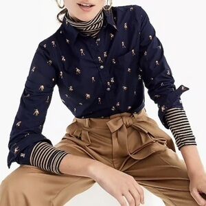 J. CREW cotton poplin long sleeve shirt button up bulldog print navy blue large